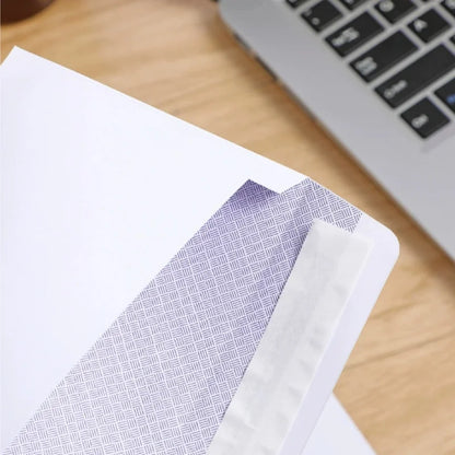 Set of 10 white windowless business envelopes from BackupMyFilesNow, self-sealing, suitable for A4 paper, bills, and invoices.