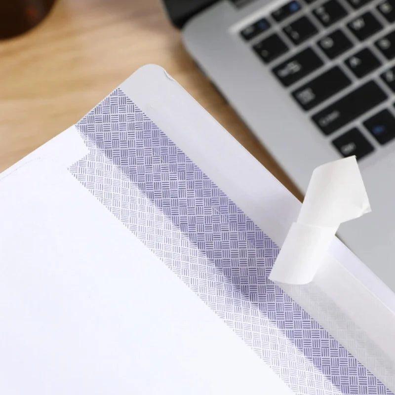 Set of 10 white windowless business envelopes by BackupMyFilesNow, self-sealing, suitable for A4 bills and invoices.