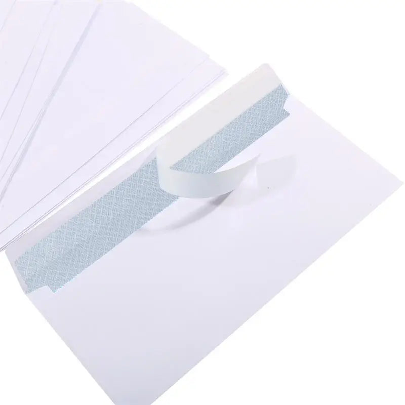 Set of white windowless business envelopes by BackupMyFilesNow, 10-100 pack, self-sealing, suitable for A4 papers, bills, and invoices.