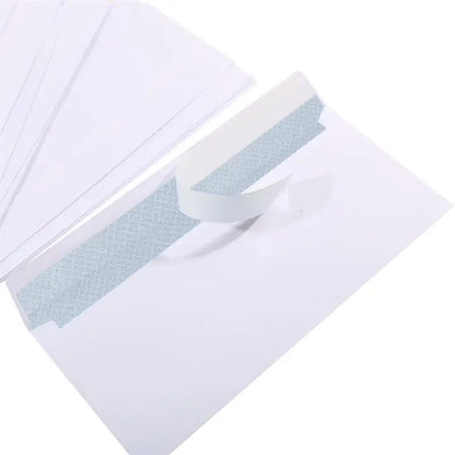 Set of white windowless business envelopes by BackupMyFilesNow, 10-100 pack, self-sealing, suitable for A4 papers, bills, and invoices.
