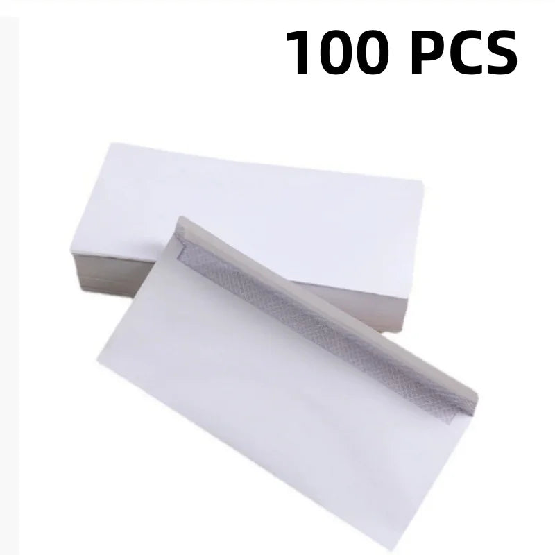 Set of 10-100 white windowless business envelopes with self-sealing closure, suitable for A4 paper, bills, and invoices.