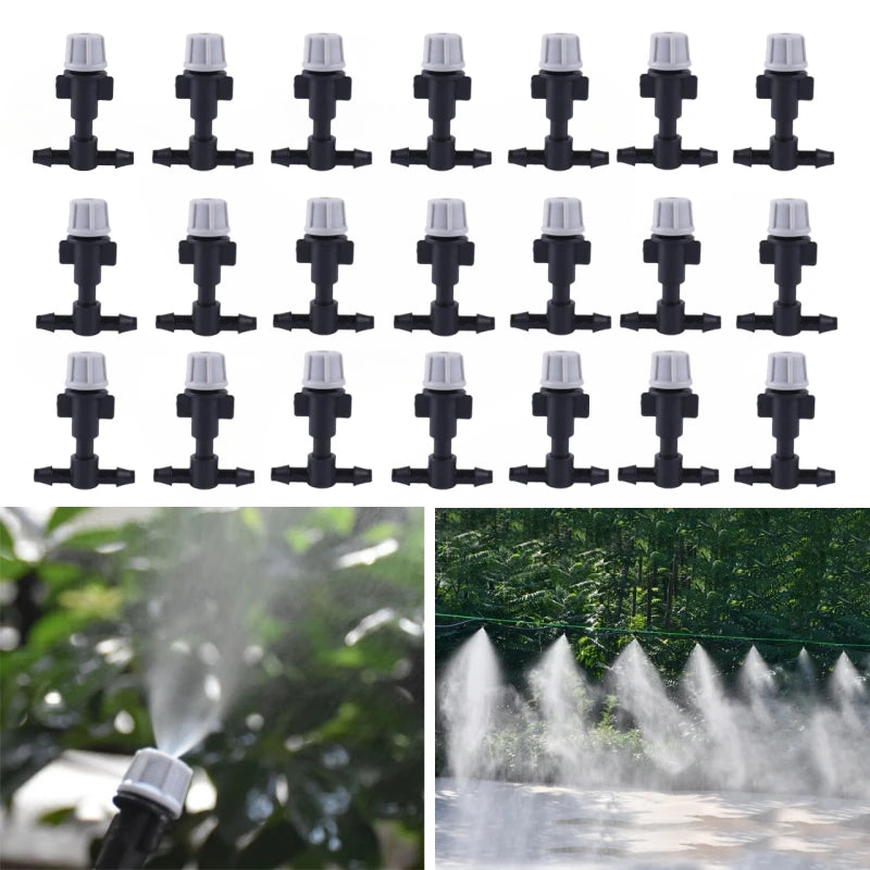 Set of 10 plastic garden misting sprinkler heads with tee joints for irrigation and watering systems.