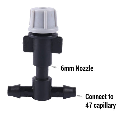 Set of 10 plastic garden watering irrigation misting sprinkler nozzles with tee joints for garden irrigation systems.