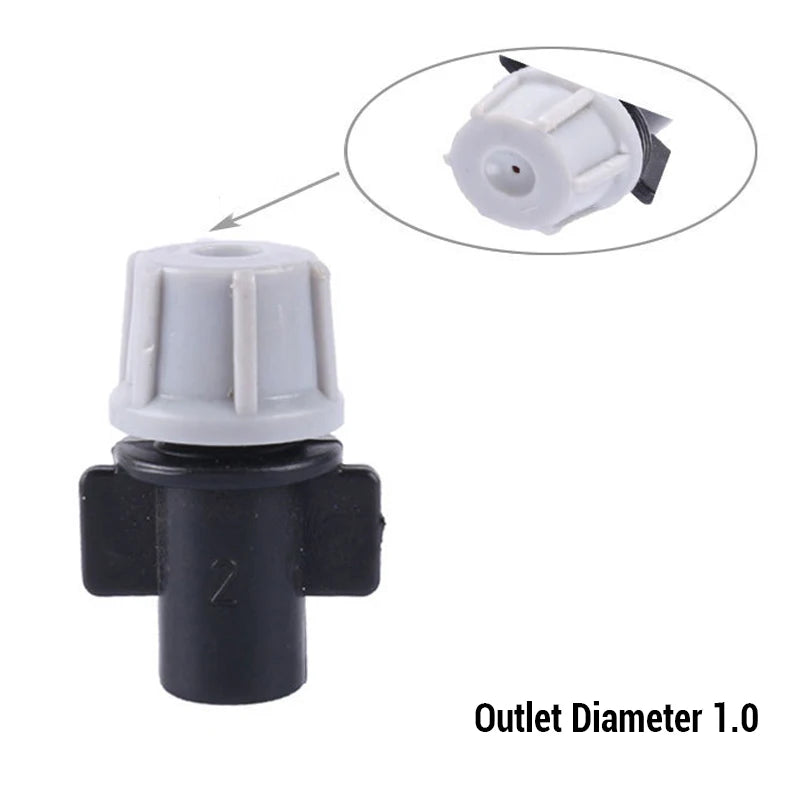 Set of 10 plastic garden watering irrigation misting sprinkler heads with nozzles and tee joints for irrigation systems.