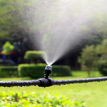 Set of 10 plastic garden watering irrigation misting sprinkler heads with nozzles and T-joint fittings for irrigation systems.