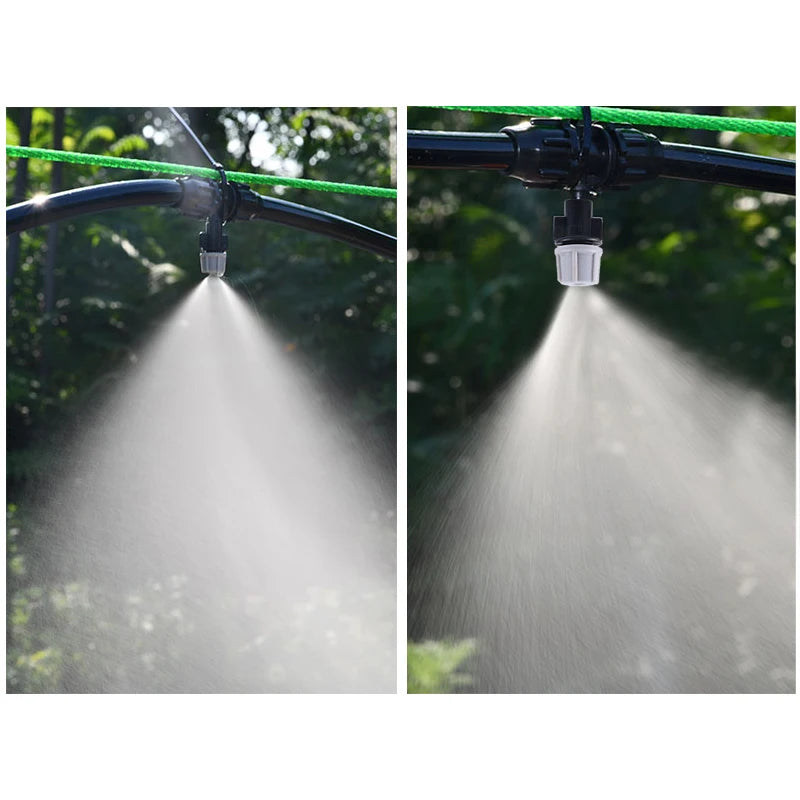 Set of 10 plastic watering irrigation garden misting sprinkler heads with nozzles and tee joints for watering systems.