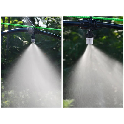 Set of 10 plastic watering irrigation garden misting sprinkler heads with nozzles and tee joints for watering systems.