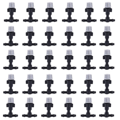 Set of 10 plastic garden watering irrigation misting sprinkler heads with T-joints for irrigation systems.