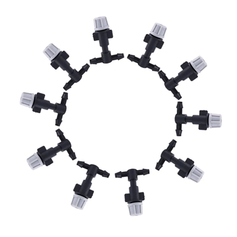 Set of 10 plastic watering irrigation garden misting sprinkler heads with tee joints, designed for garden watering and irrigation systems.