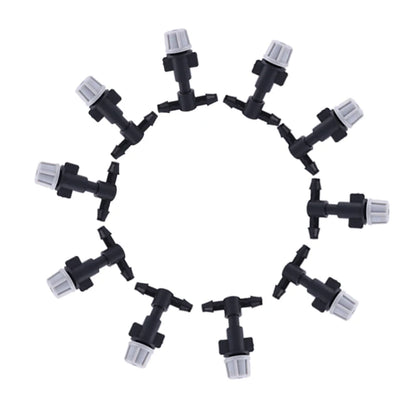 Set of 10 plastic watering irrigation garden misting sprinkler heads with tee joints, designed for garden watering and irrigation systems.