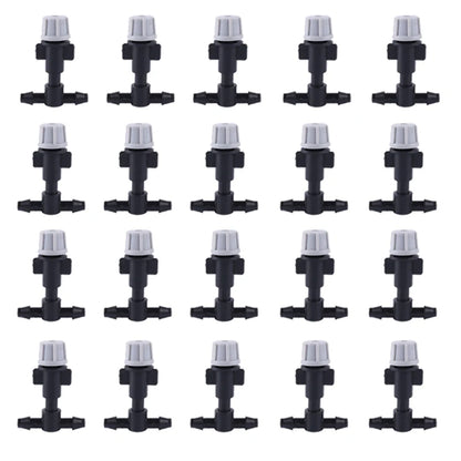 Set of 10 plastic garden misting sprinkler heads with tee joints for irrigation and watering systems.