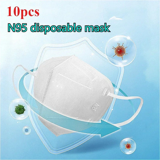 Ten disposable N95 face masks by BackupMyFilesNow.com, showing protective masks with breathable design and dust prevention features.
