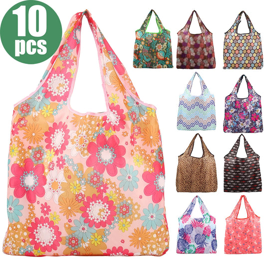 Set of 10 reusable polyester grocery bags from BackupMyFilesNow.com, foldable, large capacity, eco-friendly, durable shopping totes.