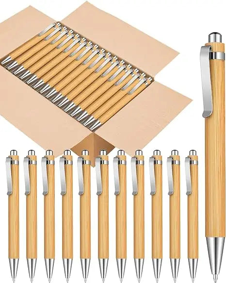 Set of 10 blue bamboo ballpoint pens for office, school, and party use, featuring natural bamboo barrels and metal tips.