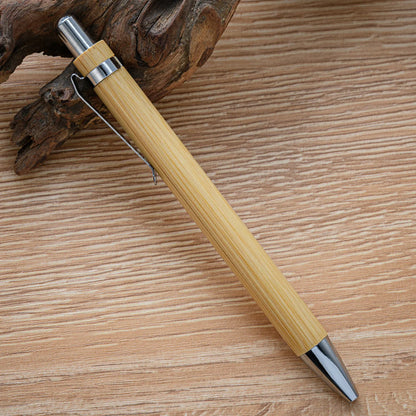Set of 10 blue bamboo ballpoint pens for stationery, office, school supplies, and business gifts, featuring natural bamboo barrels.