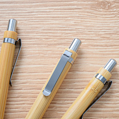 Set of 10 blue bamboo ballpoint pens for office, school, or party use, featuring natural bamboo barrels and reliable ink.
