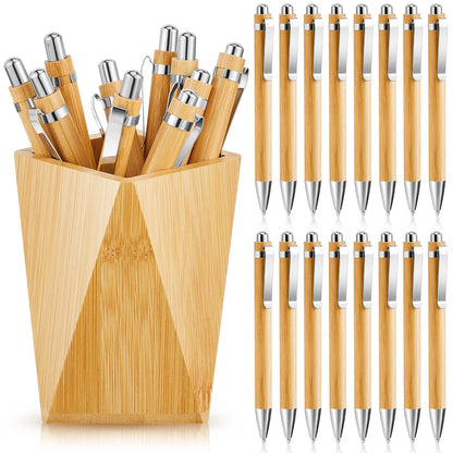 Set of 10 blue bamboo ballpoint pens, ideal for office, school, or party gifts, featuring natural bamboo barrels and metal tips.