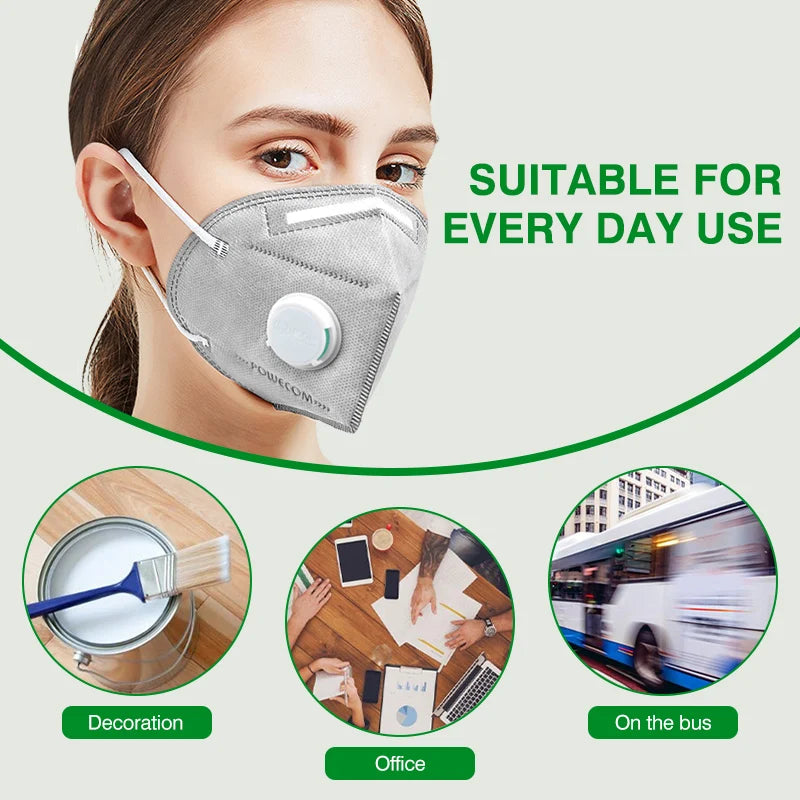 POWECOM KN95 masks with activated carbon, valve, and safety face protection for adults, designed for respiratory safety and filtration.