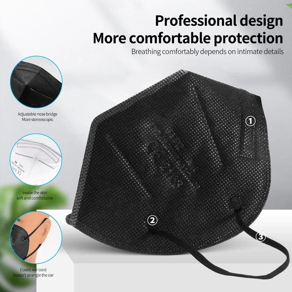 Set of 10 FPP2 masks in black, CE approved adult face masks with dustproof and KN95 respirator features.