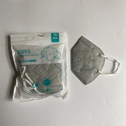 Set of black FFP2 masks for adults, CE approved, dustproof respirators, includes 10 to 200 masks in various colors.