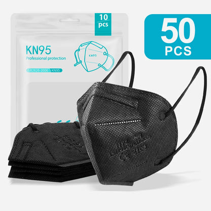 Set of 10 black FFP2 masks for adults, CE approved dustproof respirators, KN95 face masks in multiple colors, breathable and protective.