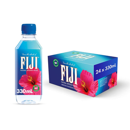 Fiji Natural Artesian Bottled Water 330mL bottles, pack of 24, featuring natural electrolytes and clear water in a retail pack.