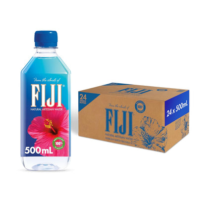 Fiji Natural Artesian Bottled Water 330mL pack of 24 with 100% natural electrolytes, showcasing clear water bottles.