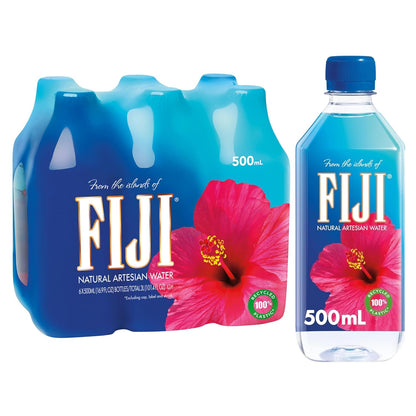 Fiji Natural Artesian Bottled Water 330mL pack of 24, showcasing clear water in branded bottles with eco-friendly cap design.