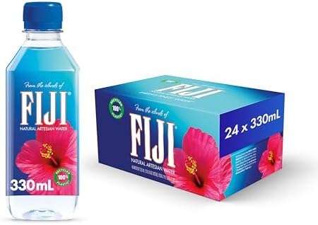 Fiji Natural Artesian Bottled Water 330mL pack of 24, showcasing clear bottles with Fiji branding and natural water inside.