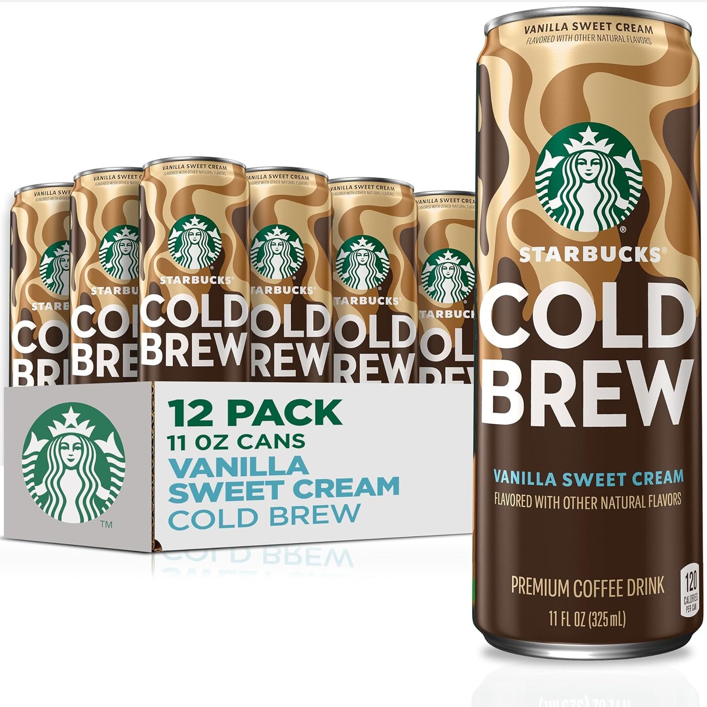 Starbucks Cold Brew Coffee with Vanilla Sweet Cream in 11 fl oz cans, 12-pack, premium iced coffee drink.