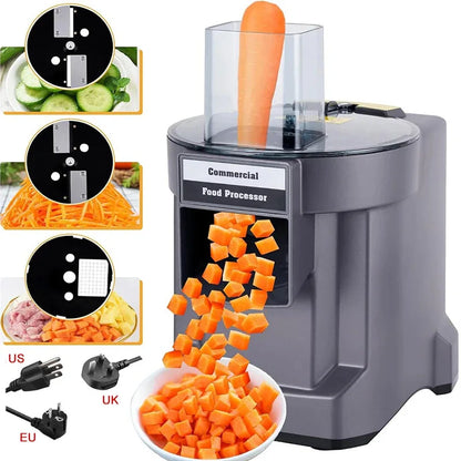 Commercial 3-in-1 vegetable chopper with multiple blades for slicing, shredding, and dicing carrots, potatoes, and vegetables.