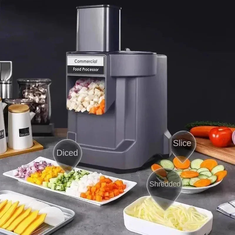 Commercial vegetable chopper with 6 blades, 3-in-1 electric food processor for slicing, shredding, and dicing carrots and potatoes.