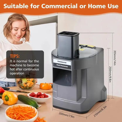 Commercial vegetable chopper with 6 blades, electric 3-in-1 food processor for slicing, shredding, and dicing carrots and potatoes.