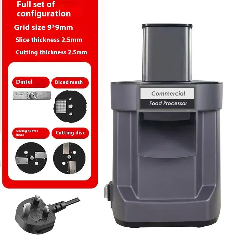 Commercial vegetable chopper with six blades; electric 3-in-1 food processor for slicing, shredding, and dicing carrots and potatoes.
