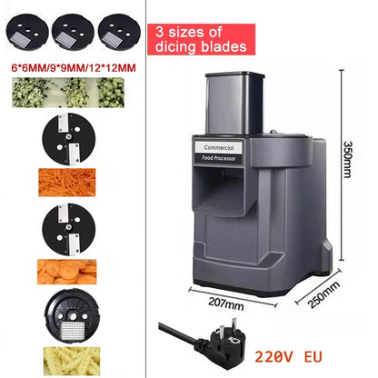 Commercial vegetable chopper with 6 blades, multifunctional electric food processor for slicing, shredding, and dicing carrots and potatoes.