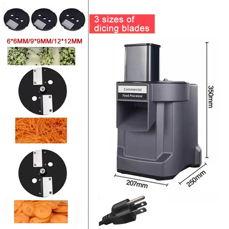 Commercial vegetable chopper with 6 blades, 3-in-1 electric food processor for slicing, shredding, and dicing carrots and potatoes.