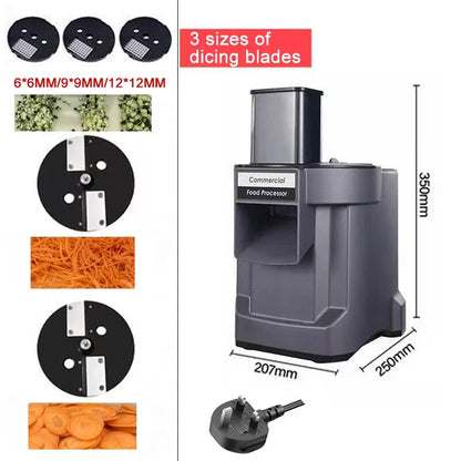 Commercial vegetable chopper with 6 blades, 3-in-1 multifunctional electric food processor for slicing, shredding, and dicing carrots and potatoes.