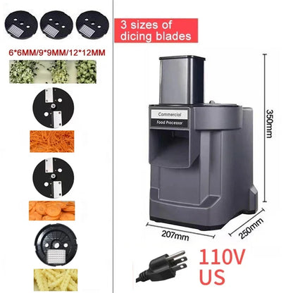 Commercial vegetable chopper with 6 blades, multifunctional electric food processor for slicing, shredding, and dicing carrots and potatoes.
