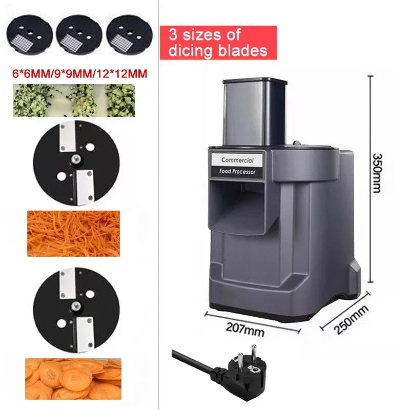 Commercial vegetable chopper with 6 blades, 3-in-1 electric food processor for slicing, shredding, and dicing carrots, potatoes, and more.