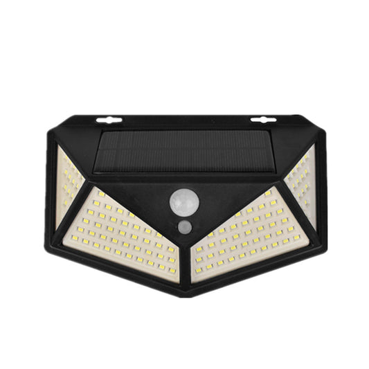 100 LED solar security light with motion sensor, outdoor waterproof design, bright illumination for security and outdoor lighting.