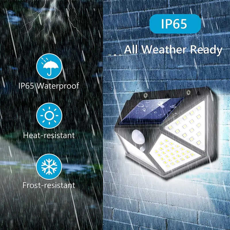 100 LED solar security light with motion sensor, outdoor waterproof design, bright illumination for home security.