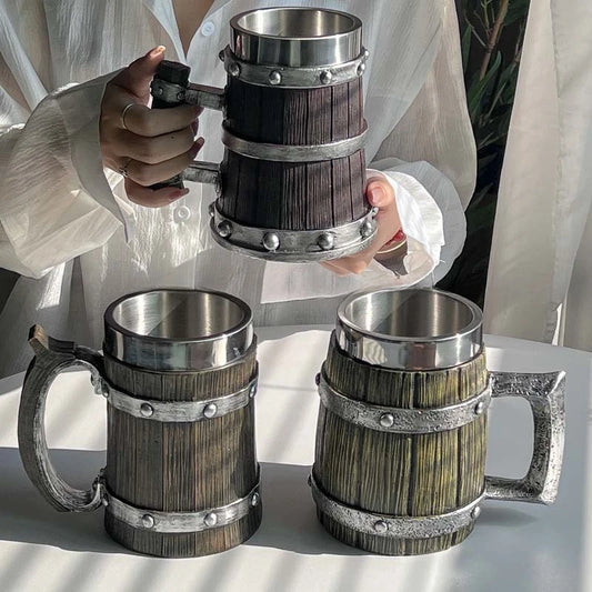 Viking wood style 3D resin beer mug with stainless steel interior, double wall thermal design, ideal for coffee, beer, or wine.