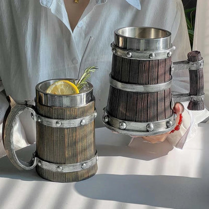 Viking wood-style 3D resin beer mug with stainless steel interior, double-wall thermal design, suitable for coffee, wine, or beer.