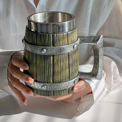 Viking wood style beer mug with 3D resin design, stainless steel, double wall thermal construction, suitable for coffee, wine, or beer.