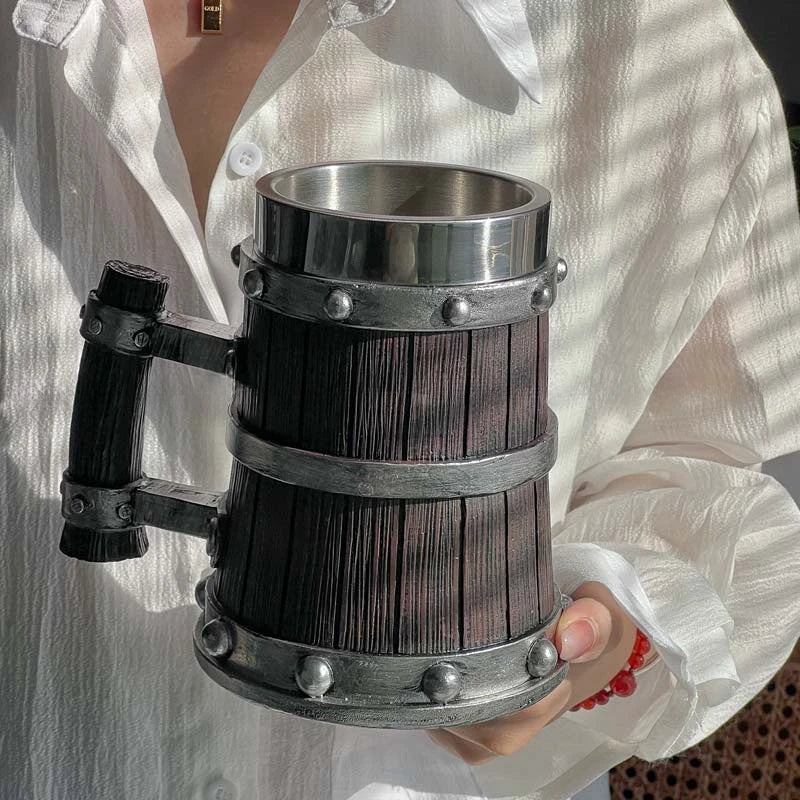 Viking wood style 3D resin beer mug with stainless steel, double wall thermal design for coffee, wine, or beer.