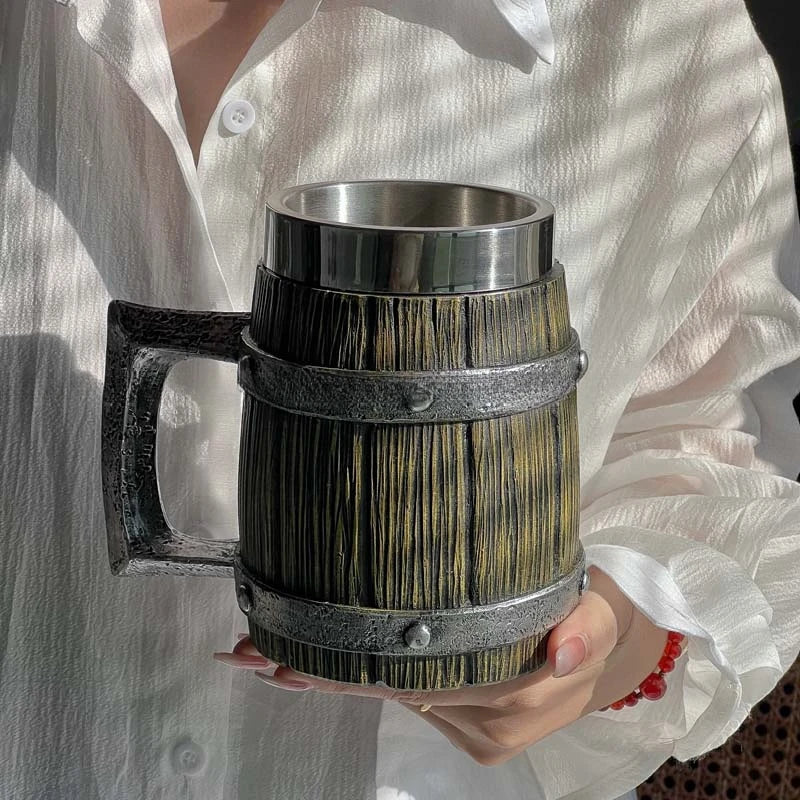 Viking wood style 3D resin stainless steel beer mug with double wall insulation, thermal coffee cup, wine glass, and beer jug design.