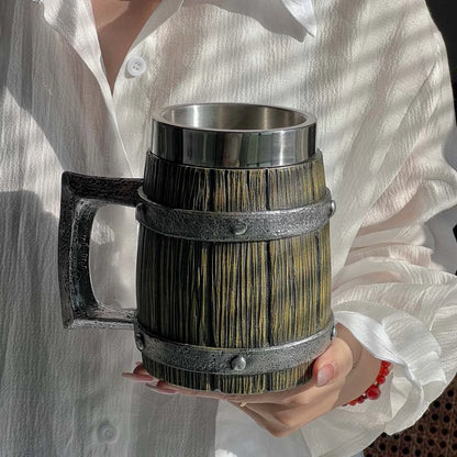 Viking wood style 3D resin stainless steel beer mug with double wall insulation, thermal coffee cup, wine glass, and beer jug design.