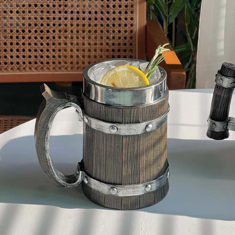Viking wood style 3D resin beer mug with stainless steel double wall thermal design and metal handle for coffee, wine, or beer.