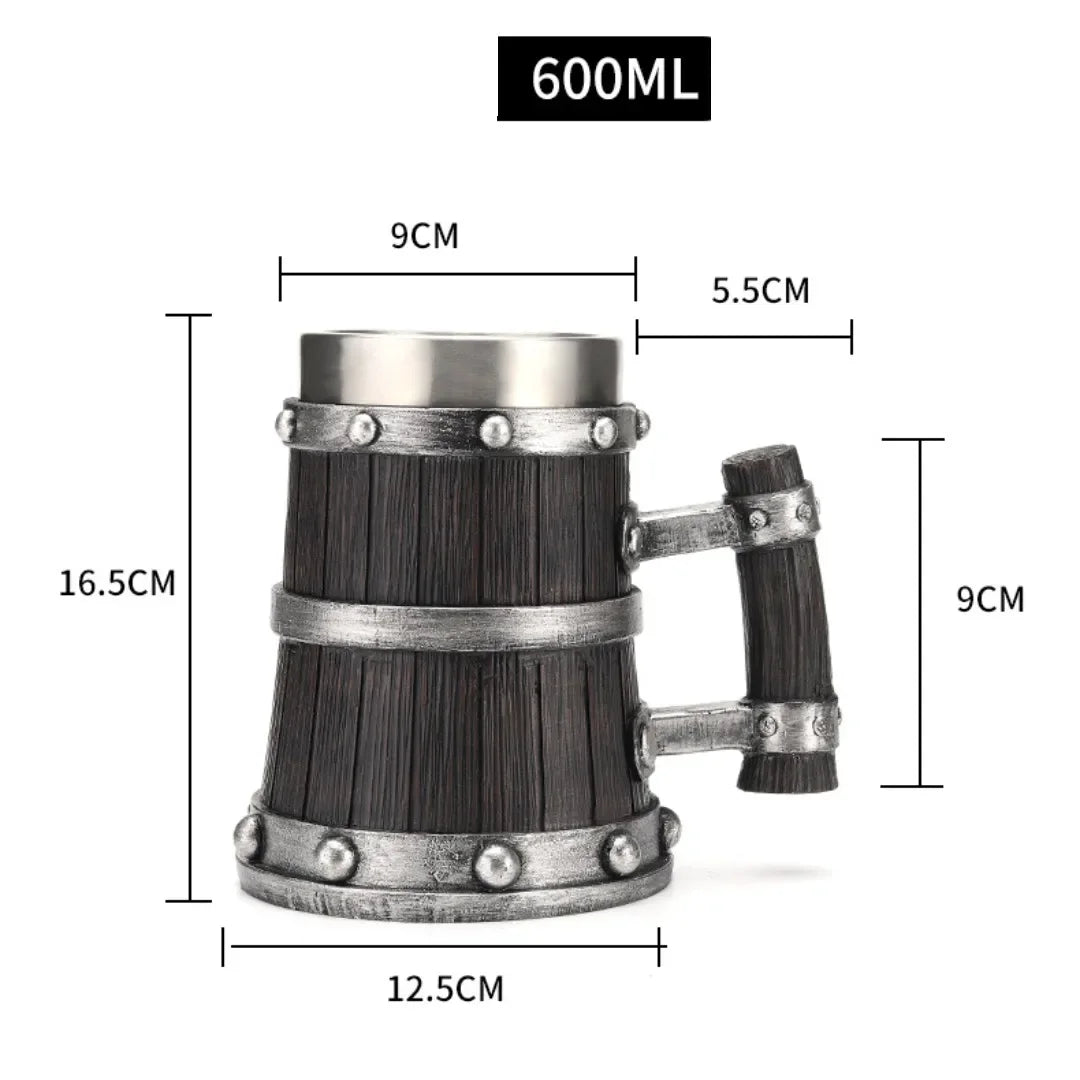 Viking wood style beer mug with 3D resin design, stainless steel double wall thermal coffee and wine cup, metal beer jug.