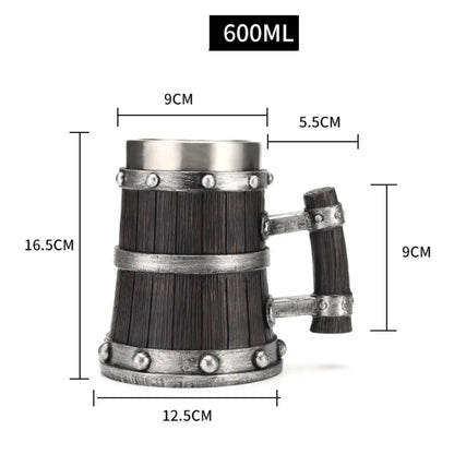 Viking wood style beer mug with 3D resin design, stainless steel double wall thermal coffee and wine cup, metal beer jug.